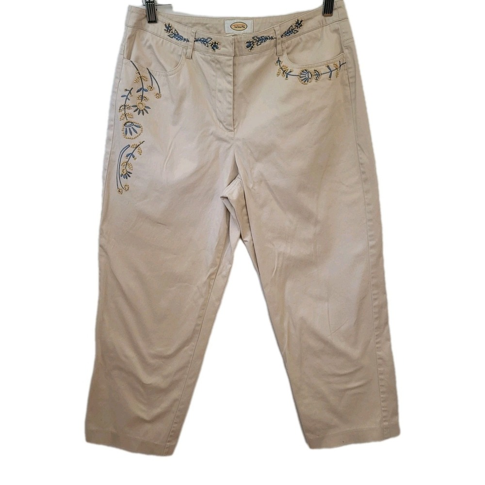 Talbots Stretch‎ Chino Pants Size 8 Tan Embroidered Floral Beads Summer Comfort